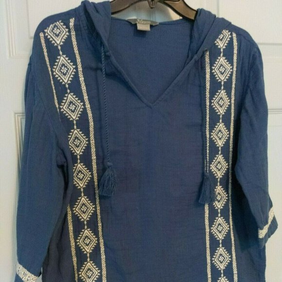 Natural Reflections Women Size M Blue 100% Cotton 3/4 Sleeve Boho Pullover Top - Picture 1 of 7